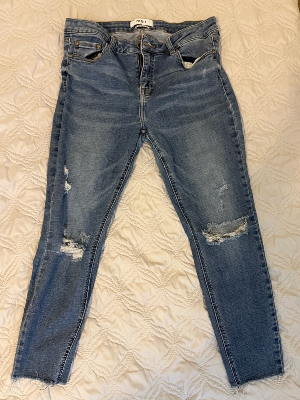 Pistola Denim Jeans Size 30 Distressed Straight Leg Raw Hem Light Wash High Rise